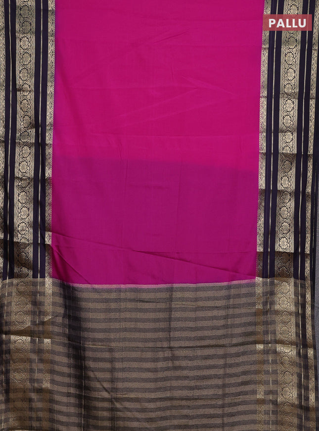 Semi mysore silk saree magenta pink and navy blue with plain body and long zari woven border