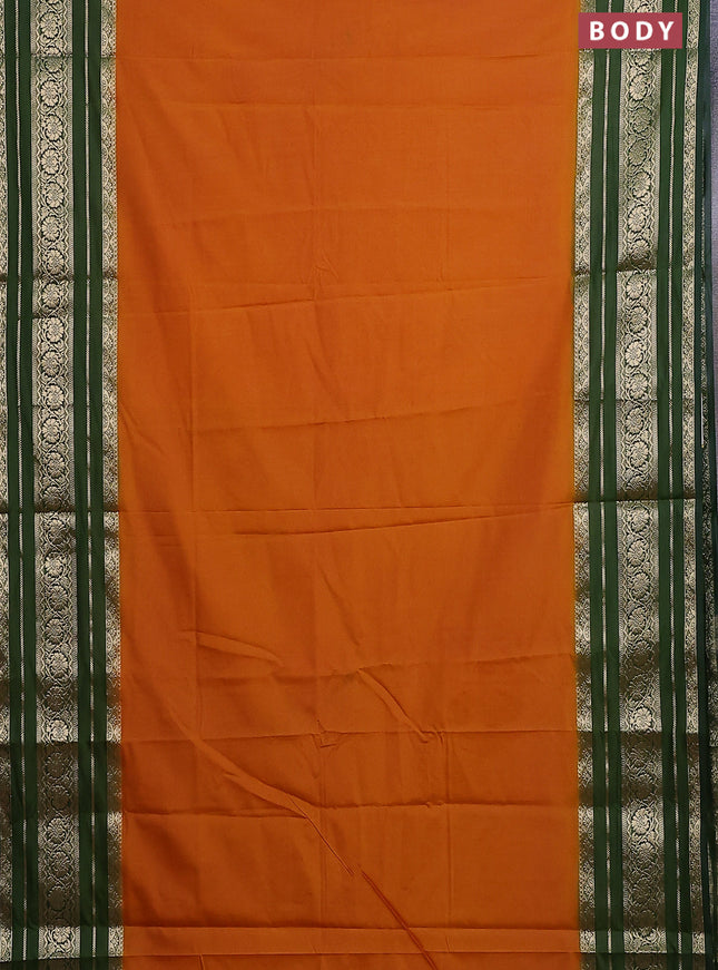 Semi mysore silk saree dark mustard and sap green with plain body and long zari woven border