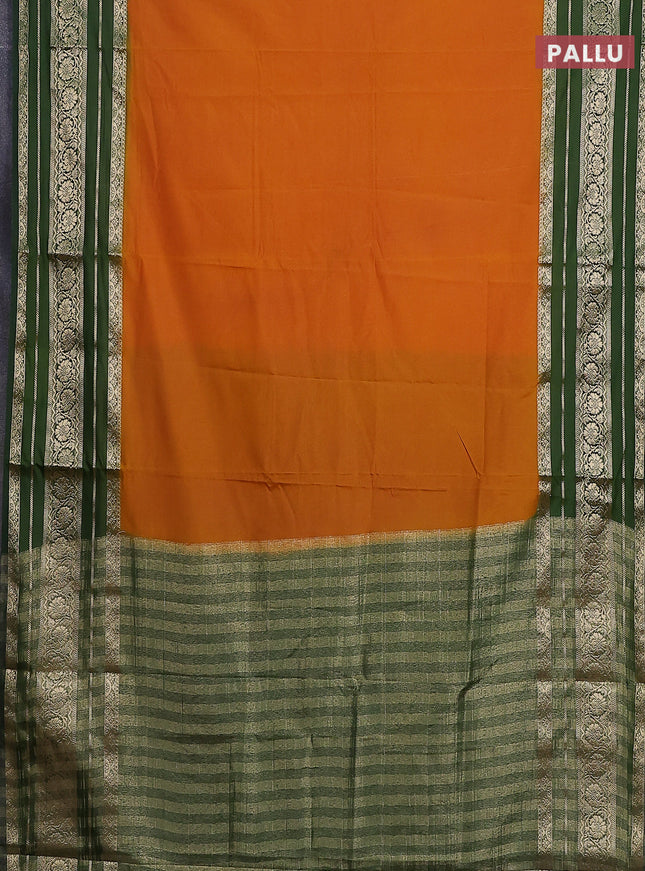 Semi mysore silk saree dark mustard and sap green with plain body and long zari woven border