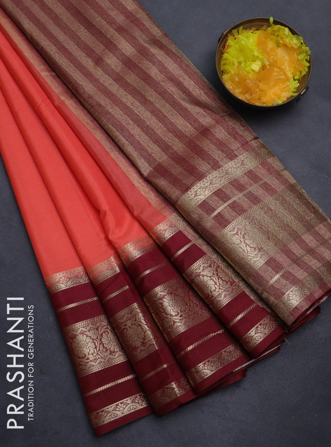 Semi mysore silk saree peach orange and maroon with plain body and long zari woven border