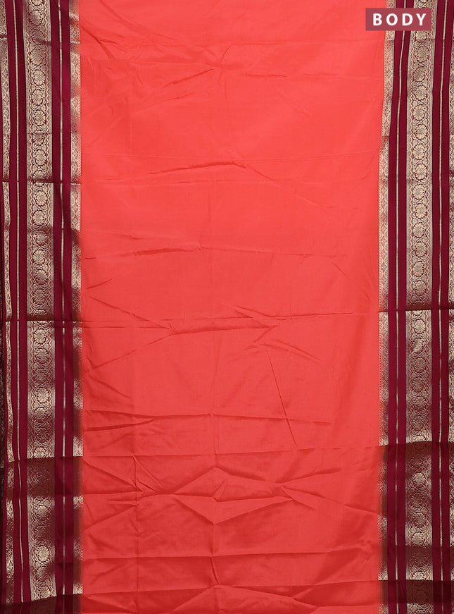 Semi mysore silk saree peach orange and maroon with plain body and long zari woven border