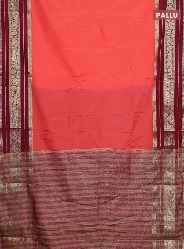 Semi mysore silk saree peach orange and maroon with plain body and long zari woven border