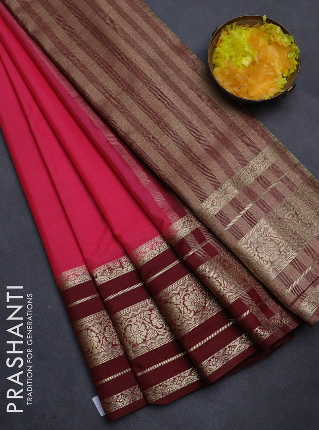 Semi mysore silk saree peach pink and deep maroon with plain body and long zari woven border