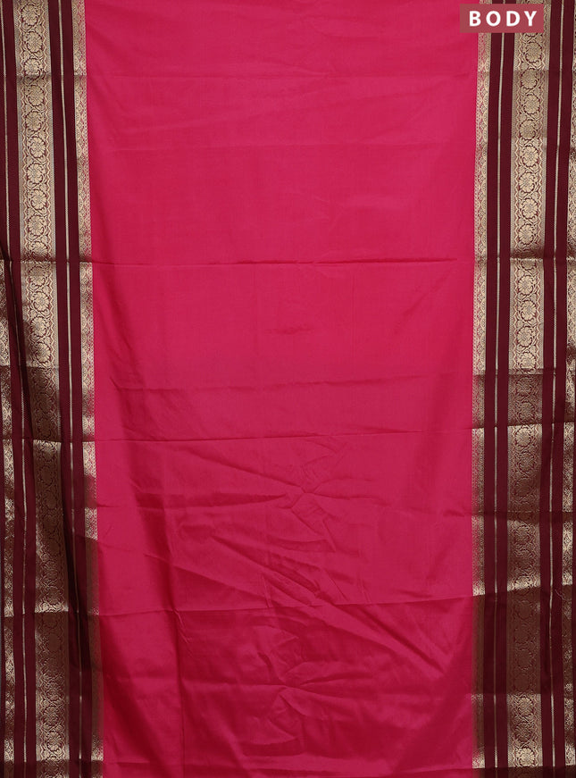 Semi mysore silk saree peach pink and deep maroon with plain body and long zari woven border