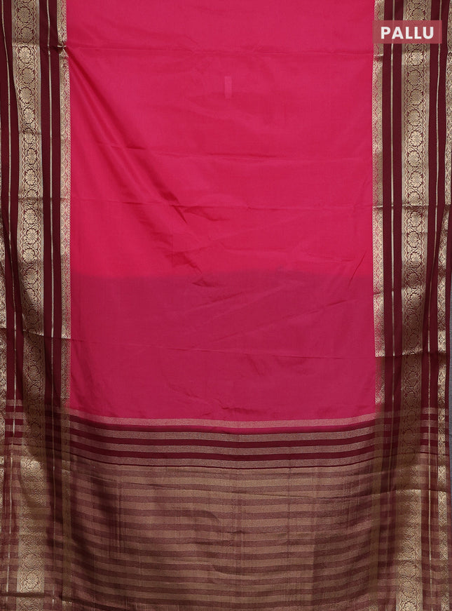Semi mysore silk saree peach pink and deep maroon with plain body and long zari woven border
