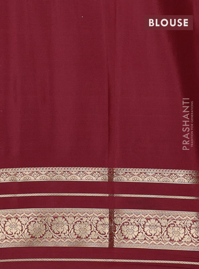 Semi mysore silk saree peach pink and deep maroon with plain body and long zari woven border