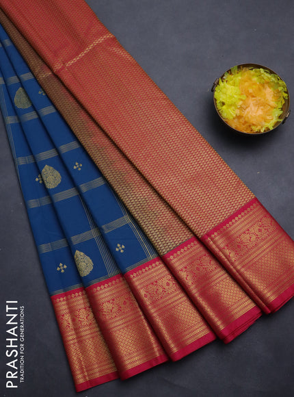 Semi kanchipuram silk saree peacock blue and pink with allover zari checks & buttas and rich zari woven korvai border