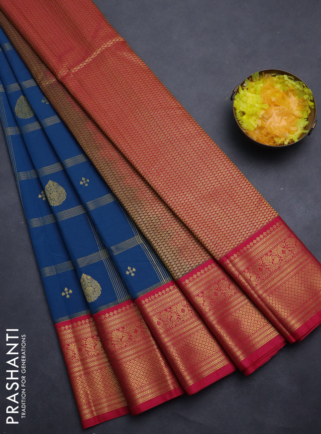 Semi kanchipuram silk saree peacock blue and pink with allover zari checks & buttas and rich zari woven korvai border
