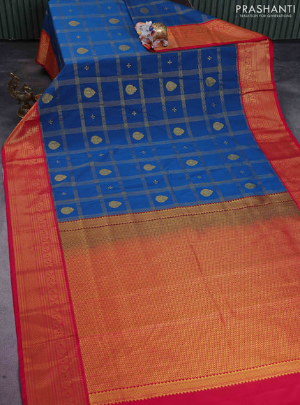 Semi kanchipuram silk saree peacock blue and pink with allover zari checks & buttas and rich zari woven korvai border