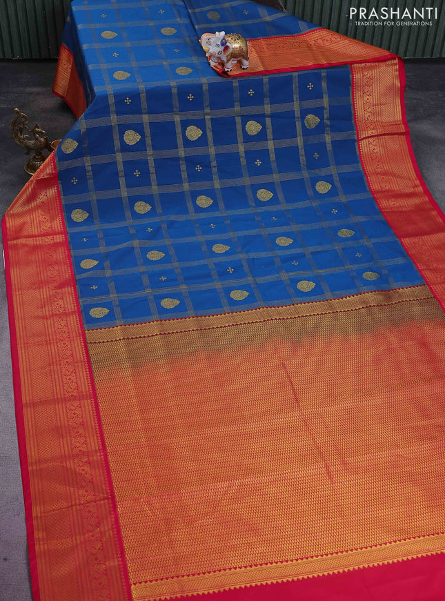 Semi kanchipuram silk saree peacock blue and pink with allover zari checks & buttas and rich zari woven korvai border
