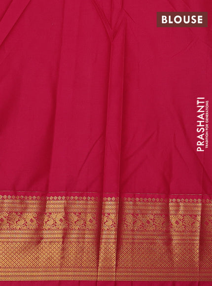 Semi kanchipuram silk saree teal green and pink with allover zari checks & buttas and rich zari woven korvai border