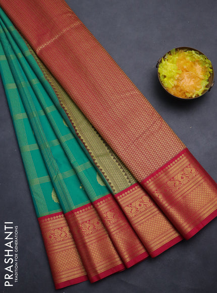 Semi kanchipuram silk saree green shade and pink with allover zari checks & buttas and rich zari woven border