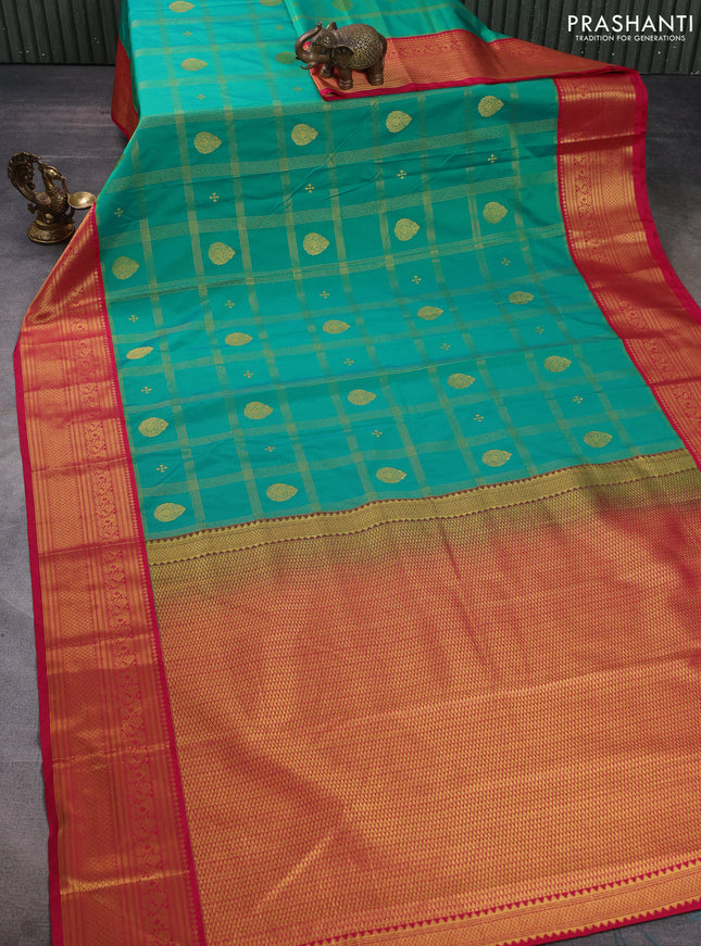 Semi kanchipuram silk saree green shade and pink with allover zari checks & buttas and rich zari woven border
