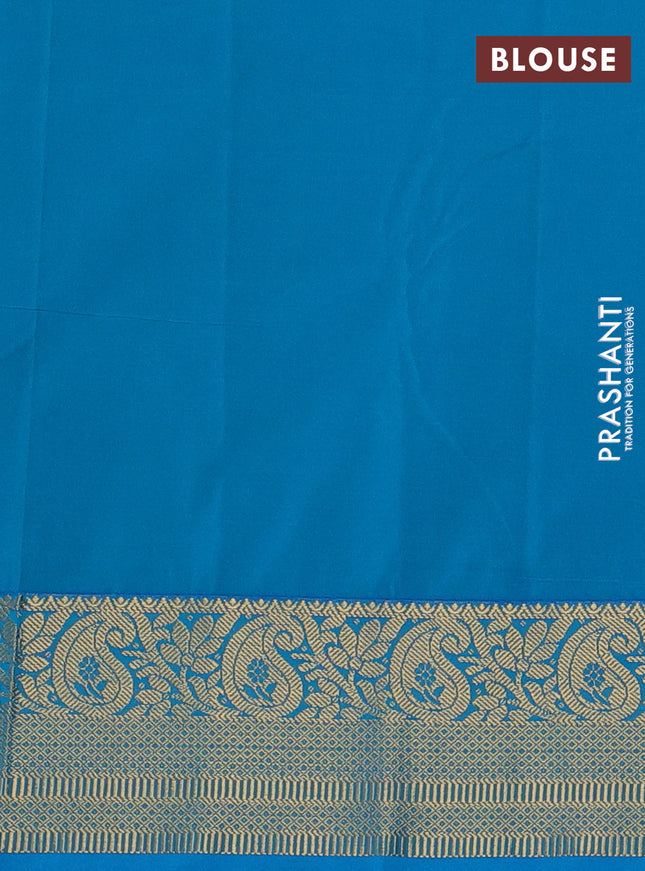 Semi kanchipuram silk saree mustard yellow and cs blue with zari woven buttas and zari woven korvai border