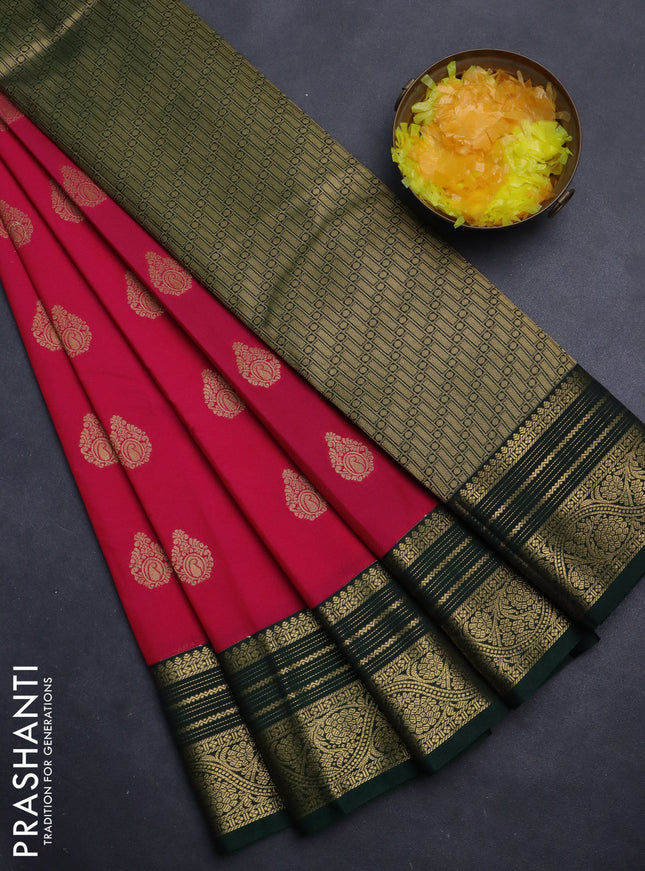 Semi kanchipuram silk saree pink and dark green with zari woven floral buttas and zari woven korvai border