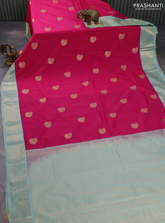 Semi kanchipuram silk saree pink and teal blue shade with paisley zari woven buttas and rich zari woven border
