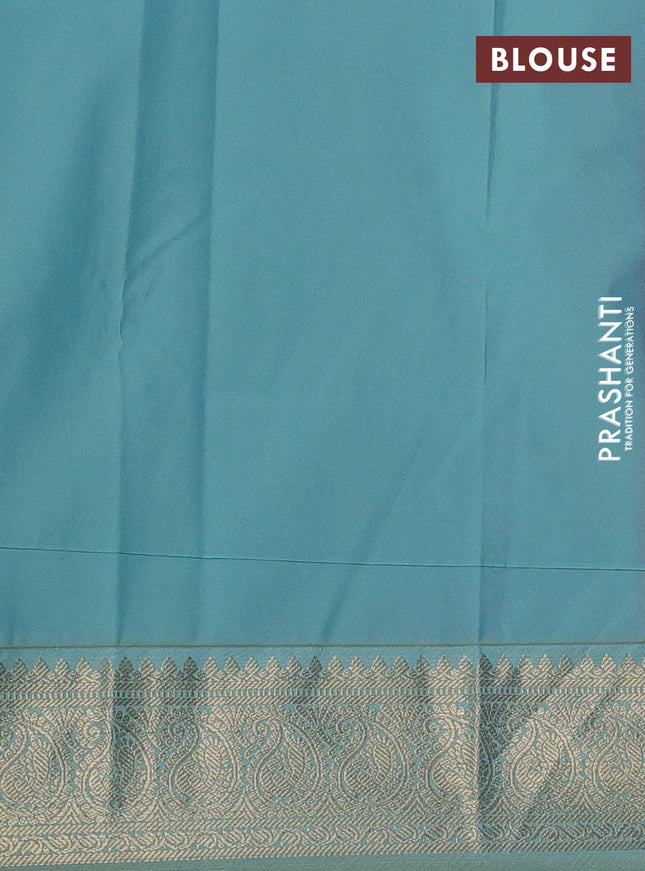 Semi kanchipuram silk saree pink and teal blue shade with paisley zari woven buttas and rich zari woven border