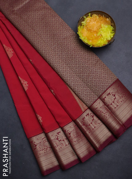 Semi kanchipuram silk saree reddish pink and wine shade with zari woven buttas and rich zari woven korvai border