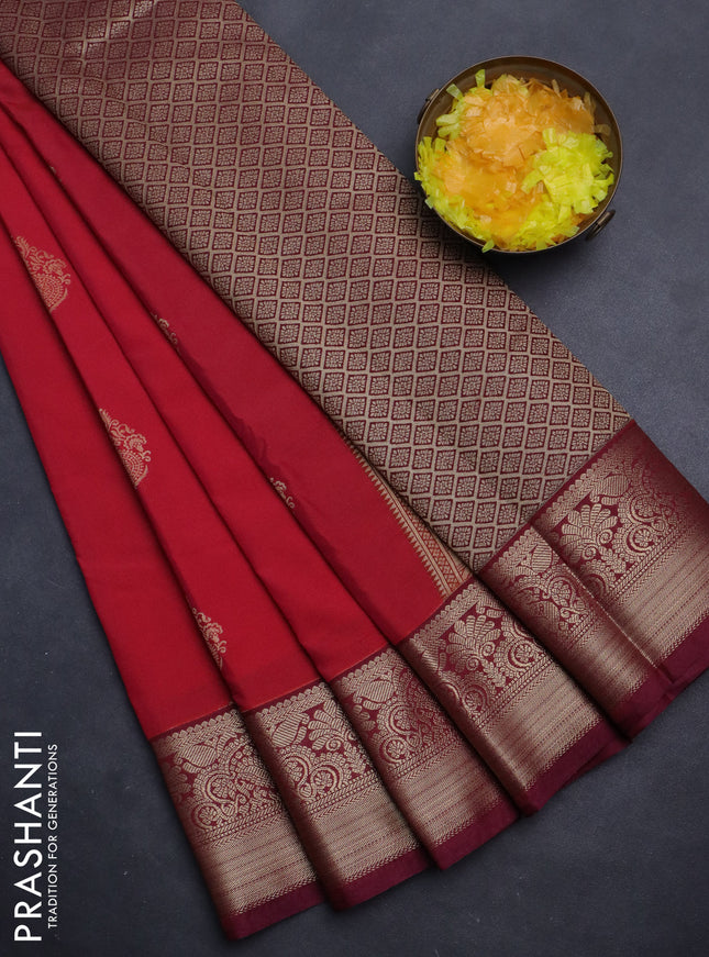 Semi kanchipuram silk saree reddish pink and wine shade with zari woven buttas and rich zari woven korvai border