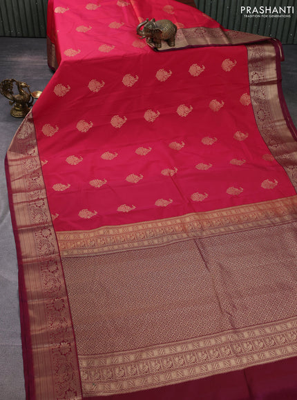 Semi kanchipuram silk saree reddish pink and wine shade with zari woven buttas and rich zari woven korvai border