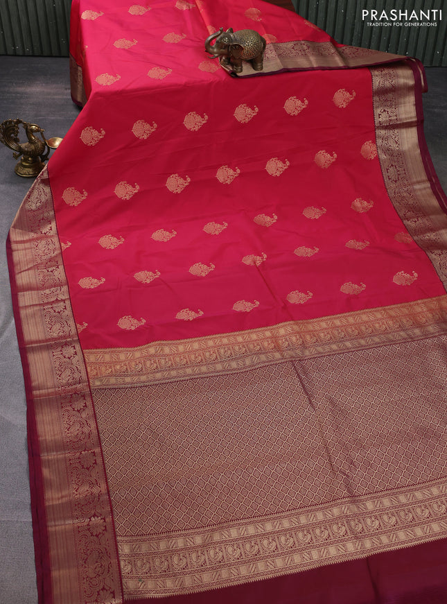 Semi kanchipuram silk saree reddish pink and wine shade with zari woven buttas and rich zari woven korvai border