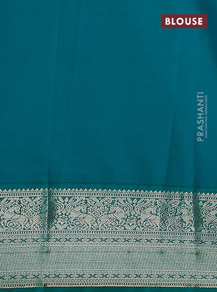 Semi kanchipuram silk saree mango yellow and teal green with zari woven buttas and rich zari woven korvai border
