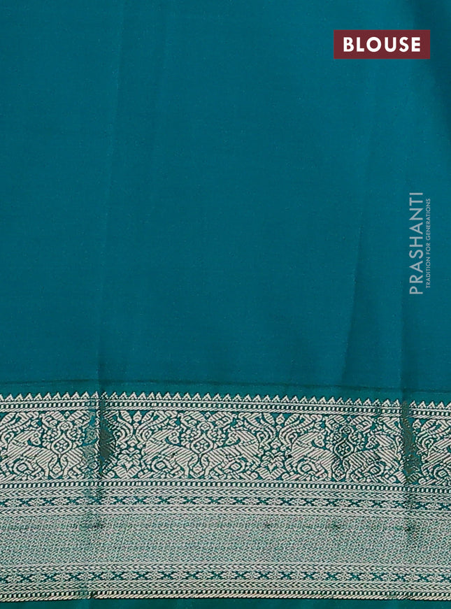 Semi kanchipuram silk saree mango yellow and teal green with zari woven buttas and rich zari woven korvai border