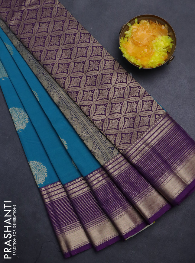 Semi kanchipuram silk saree cs blue and purple with zari woven buttas and zari woven korvai border