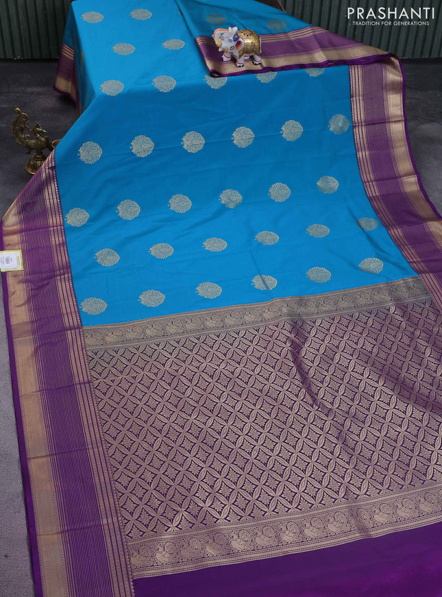 Semi kanchipuram silk saree cs blue and purple with zari woven buttas and zari woven korvai border