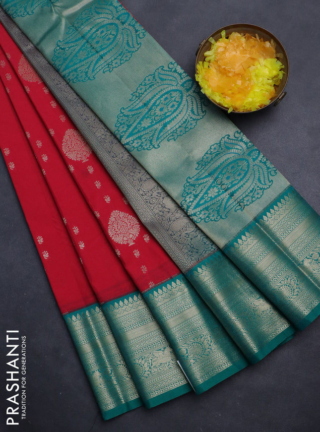 Semi kanchipuram silk saree reddish pink and teal green with allover zari woven buttas and zari woven korvai border