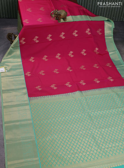 Semi kanchipuram silk saree pink and teal green shade with zari woven buttas and long zari woven korvai border