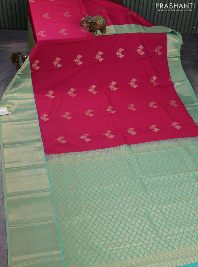 Semi kanchipuram silk saree pink and teal green shade with zari woven buttas and long zari woven korvai border