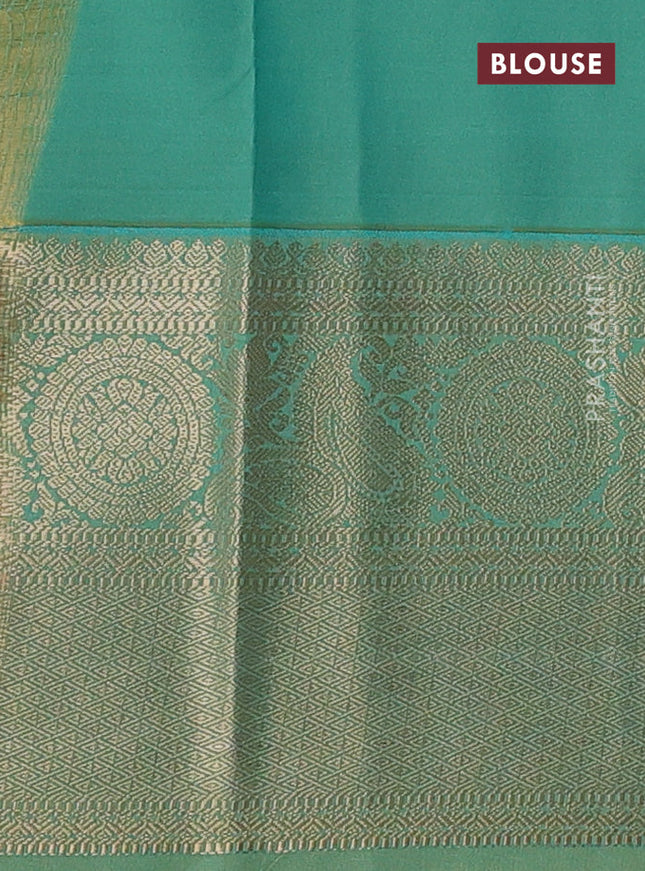 Semi kanchipuram silk saree pink and teal green shade with zari woven buttas and long zari woven korvai border