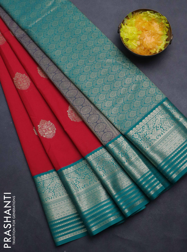 Semi kanchipuram silk saree red and teal green with zari woven buttas and long zari woven korvai border