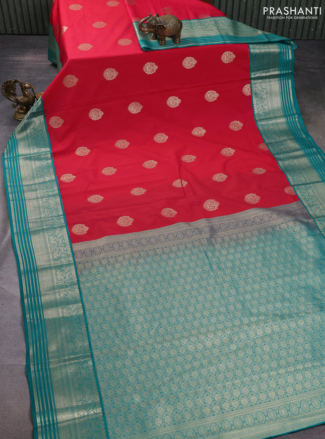 Semi kanchipuram silk saree red and teal green with zari woven buttas and long zari woven korvai border