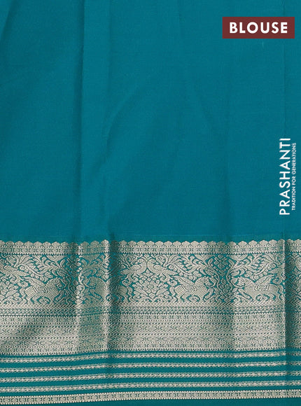 Semi kanchipuram silk saree red and teal green with zari woven buttas and long zari woven korvai border