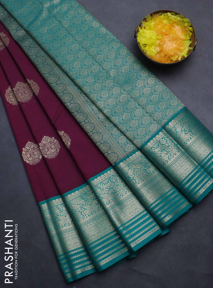 Semi kanchipuram silk saree wine shade and teal green with zari woven buttas and rich zari woven korvai border