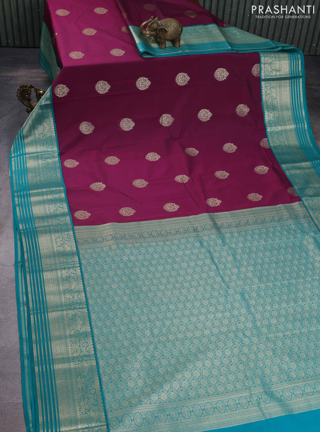 Semi kanchipuram silk saree wine shade and teal green with zari woven buttas and rich zari woven korvai border