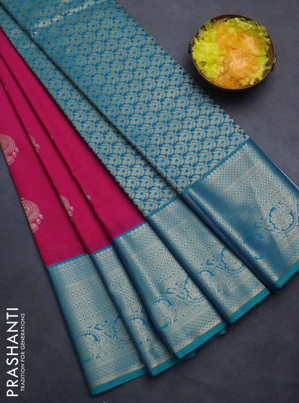 Semi kanchipuram silk saree pink and teal green with zari woven buttas and long zari woven korvai border