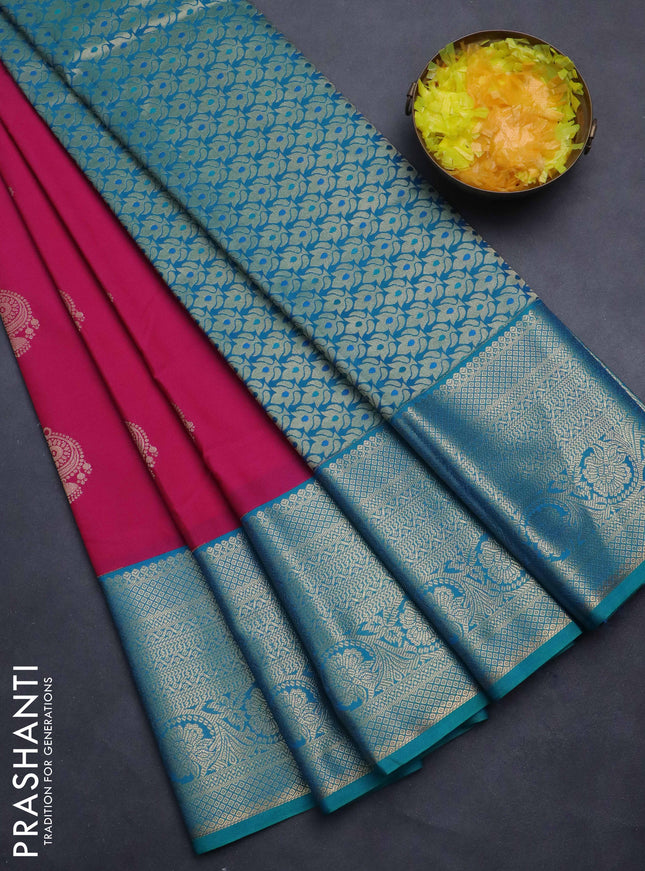Semi kanchipuram silk saree pink and teal green with zari woven buttas and long zari woven korvai border