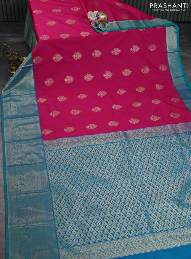 Semi kanchipuram silk saree pink and teal green with zari woven buttas and long zari woven korvai border