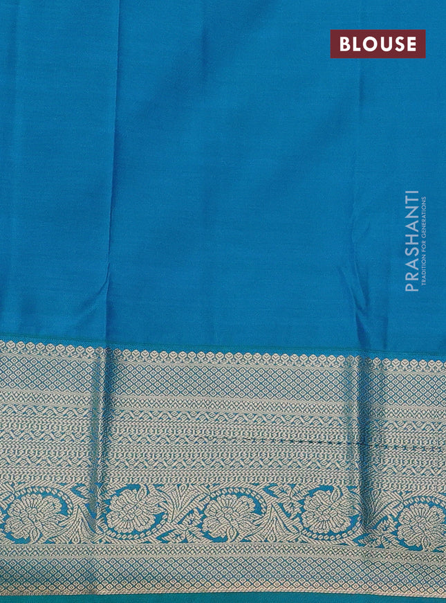 Semi kanchipuram silk saree pink and teal green with zari woven buttas and long zari woven korvai border