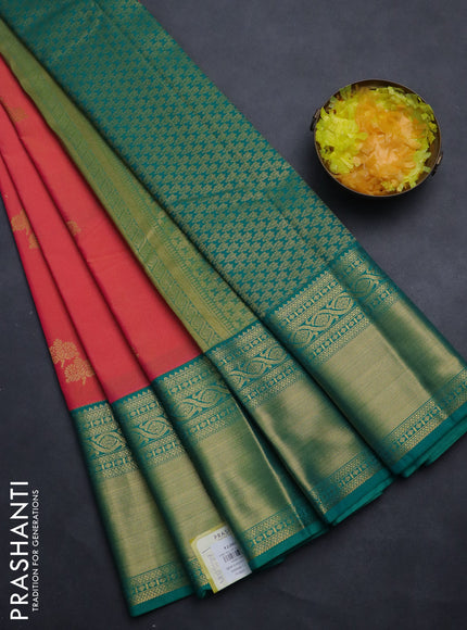 Semi kanchipuram silk saree dual shade of pinkish yellow and teal green with zari woven buttas and long rich zari woven korvai border