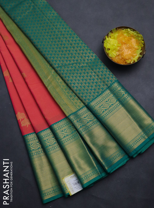 Semi kanchipuram silk saree dual shade of pinkish yellow and teal green with zari woven buttas and long rich zari woven korvai border