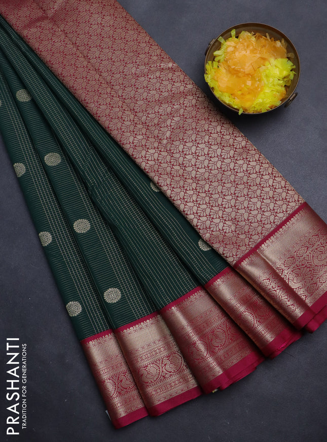 Semi kanchipuram silk saree bottle green and magenta pink with allover small zari checks & buttas and rich zari woven korvai border