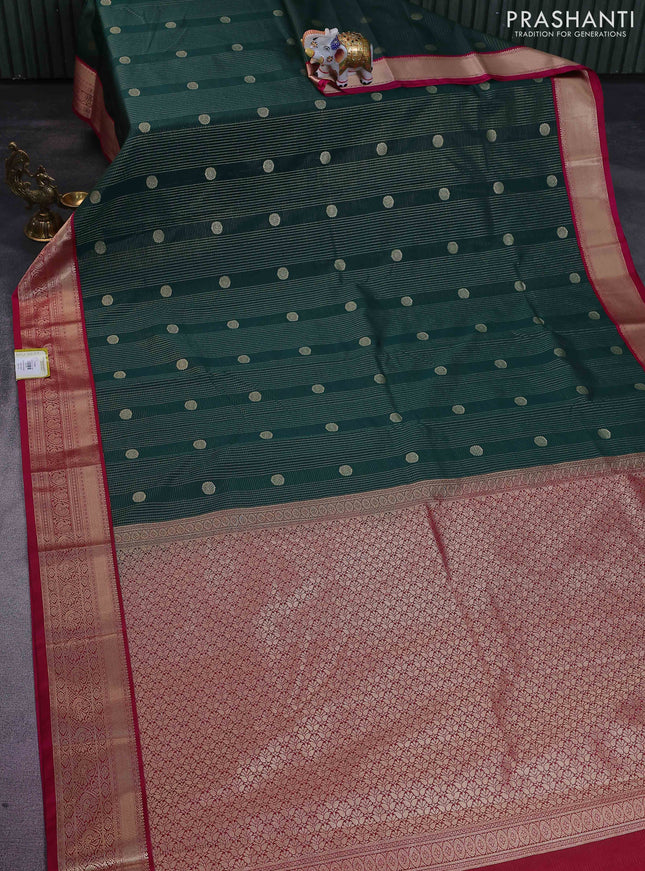 Semi kanchipuram silk saree bottle green and magenta pink with allover small zari checks & buttas and rich zari woven korvai border
