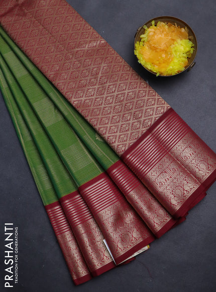 Semi kanchipuram silk saree dual shade of green and maroon with allover zari checks & buttas and rich zari woven korvai border