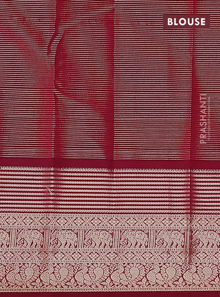 Semi kanchipuram silk saree dual shade of green and maroon with allover zari checks & buttas and rich zari woven korvai border