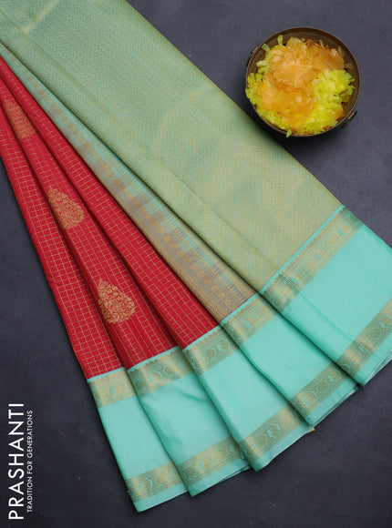 Semi kanchipuram silk saree red shade and teal green shade with allover zari checks & buttas and rettapet zari woven korvai border