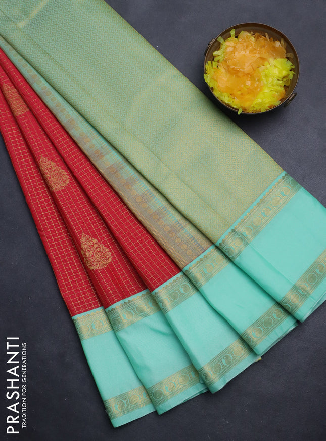 Semi kanchipuram silk saree red shade and teal green shade with allover zari checks & buttas and rettapet zari woven korvai border